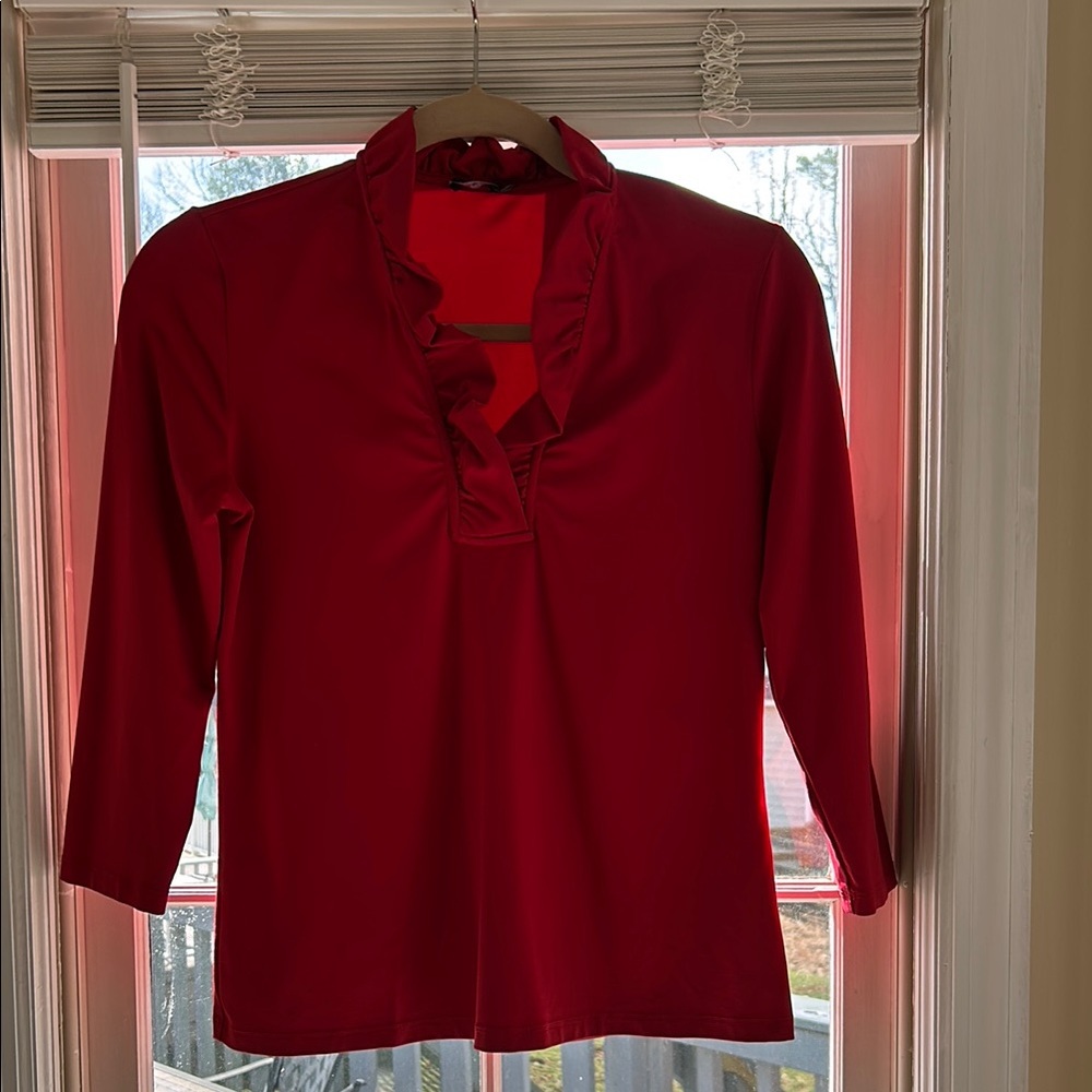 McLaughlin Durham Top, Small, Elegant Red Ruffle V-Neck Women's